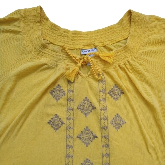 Catherines 100% Cotton Yellow Embroidered Tassel Crinkle Gauze Blouse Boho - Picture 4 of 7